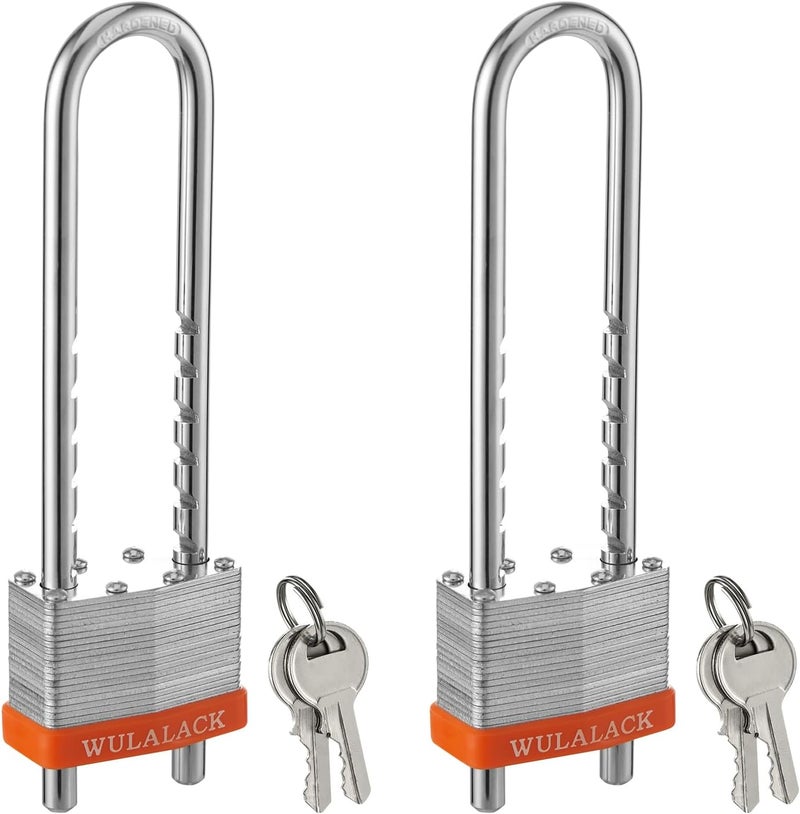 WULALACK Padlock with Key, 2 inch Wide Laminated Steel Keyed Padlock with Adjustable Shackle, Long Shackle Pad Lock with 2 Keys - Image 1